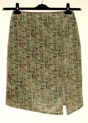 Стильная юбка прямая миди с разрезом спереди оливковая-бежевая-коричневая женская2 фото