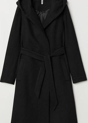 Пальто h&m шерстяное с капюшоном пояс 36 черное