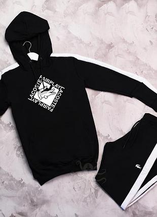 Стильный мужской трикотажный спортивный костюм lacoste черный с капюшоном