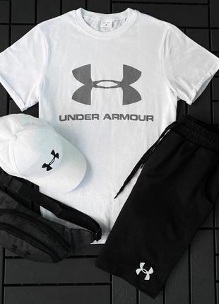 Летний трикотажный спортивный костюм under armour футболка шорты кепка комплект