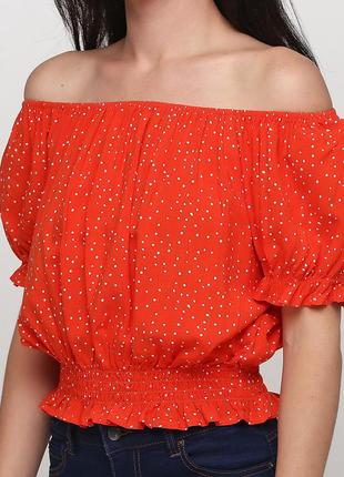 Блуза красная оранжевая в мелкий горох горошек с открытыми плечами вискоза c&a2 фото