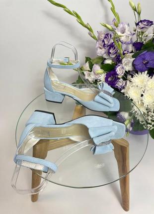 Эксклюзивные босоножки женские натуральная итальянская кожа и замша голубые с бантиком