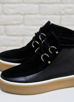 Стильные женские ботинки из натуральной замши и кожи черного цвета 36-41