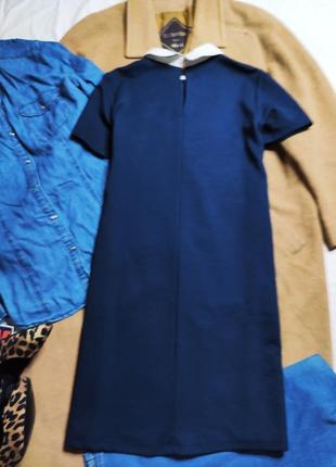 Zara зара платье синее прямое с белым воротником с вышивкой классическое короткое3 фото