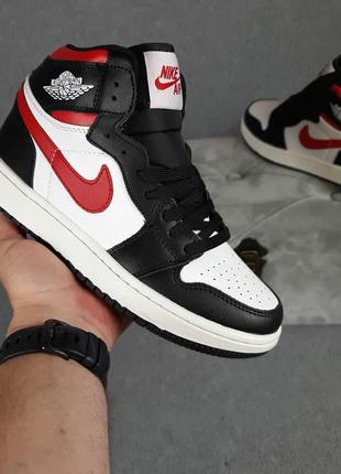 Nike air jordan 1 высокие белые с чёрным и красным4 фото