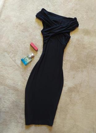 Базовое чёрное платье футляр миди со спущенными плечами вискоза
