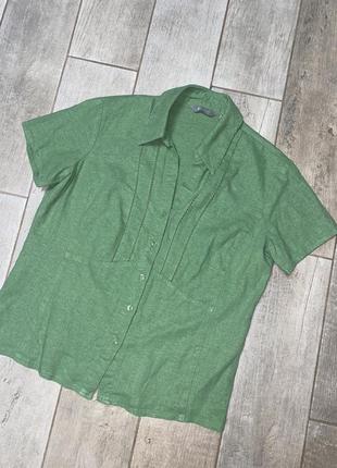 Зелёная льняная летняя рубашка,короткий рукав(024)