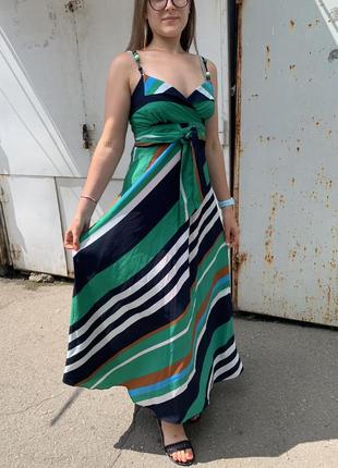 Зелёный сарафан в полоску длинный сарафан сарафан в пол длинное платье в полоску1 фото