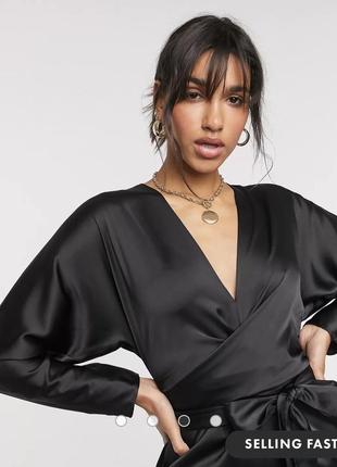 Черное сатиновое платье мини с рукавами "летучая мышь" asos3 фото