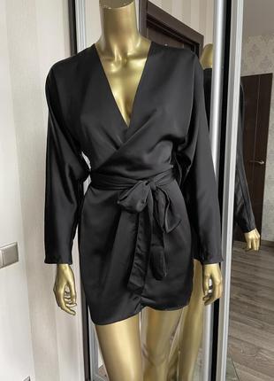Черное сатиновое платье мини с рукавами "летучая мышь" asos10 фото