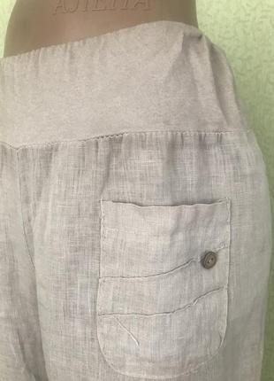 Лён бежевые бриджи капри  короткие штаны из натурального льна италия3 фото