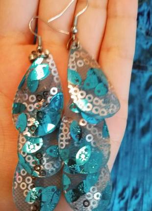 Длинные серьги ярко-голубые лепестки, серьги бижутерия