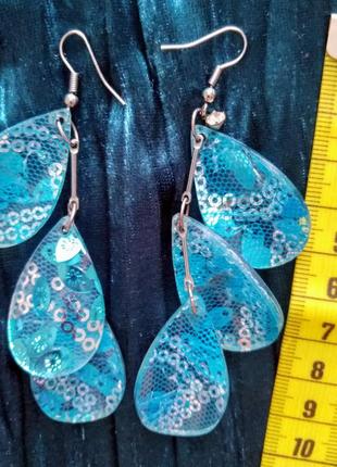 Длинные серьги ярко-голубые лепестки, серьги бижутерия