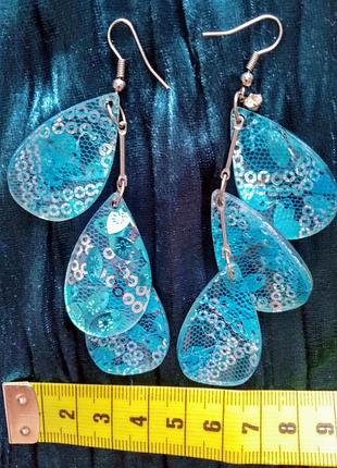 Длинные серьги ярко-голубые лепестки, серьги бижутерия
