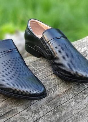 Мужские туфли летние кожаные черные - чоловічі туфлі літні шкіряні чорні3 фото