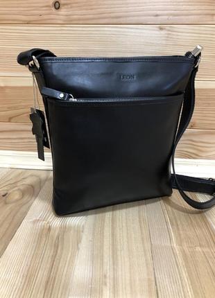 Мужская кожаная сумка- планшет leon чёрная3 фото