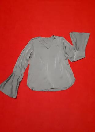 Серая шелковая свободная блуза блузка с длинным рукавом с воланом р s1 фото