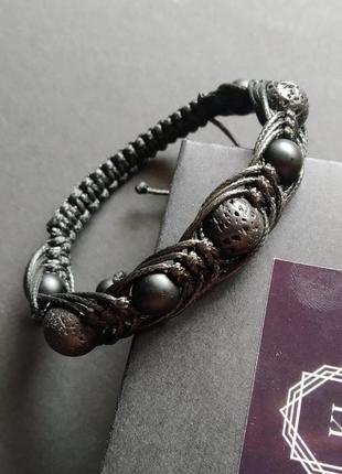 Чорний плетений браслет шамбала з вулканічним каменем і шунгита2 фото