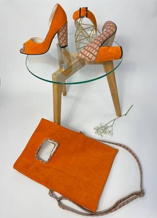 Ексклюзивні туфлі з натуральної італійської шкіри і замша оранж7 фото
