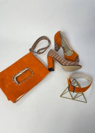 Ексклюзивні туфлі з натуральної італійської шкіри і замша оранж2 фото