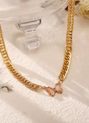 Цепь чокер хрустальная бабочка цепочка колье ожерелье с розовой бабочкой