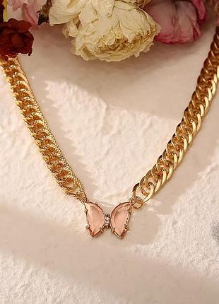 Цепь чокер хрустальная бабочка цепочка колье ожерелье с розовой бабочкой
