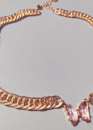 Цепь чокер хрустальная бабочка цепочка колье ожерелье с розовой бабочкой