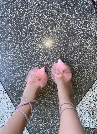 Туфли на каблуках з бантиком, розовые, атлас, венгрия4 фото