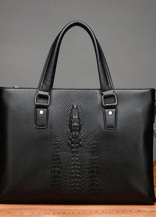 Чоловічий шкіряний діловий портфель для документів а4 чорний | якісна чоловіча офісна сумка з крокодилом2 фото