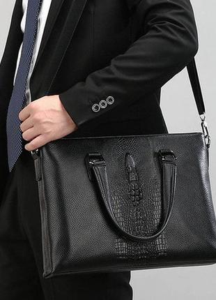 Чоловічий шкіряний діловий портфель для документів а4 чорний | якісна чоловіча офісна сумка з крокодилом4 фото