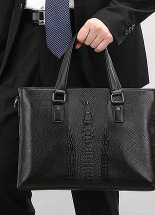 Чоловічий шкіряний діловий портфель для документів а4 чорний | якісна чоловіча офісна сумка з крокодилом5 фото