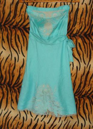 Супер платье без бретелек бирюзового цвета"warehouse"р.8,100%лен.