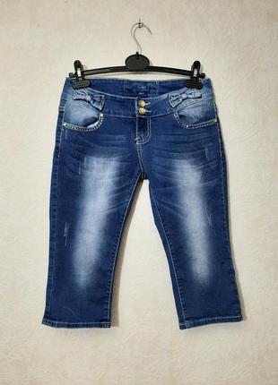 Стильные длинные шорты женские синие джинсовые котон бантики термостразы2 фото