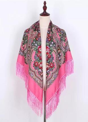 Платок цветы с бахромой розовый. украинские платки, шали, шарфы2 фото
