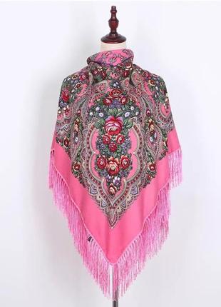 Хустка квіти з бахромою рожева. українські хустки, шалі, шарфи1 фото