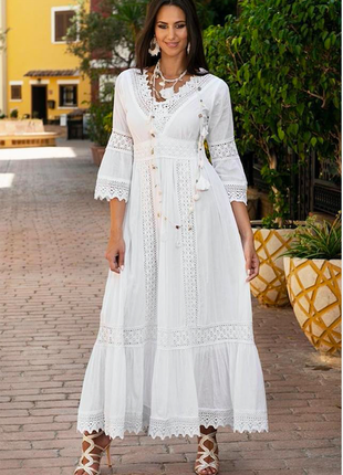 Новинка ажурное белое длинное платье с длинным рукавом ,хлопок ,indiano, fresh-cotton