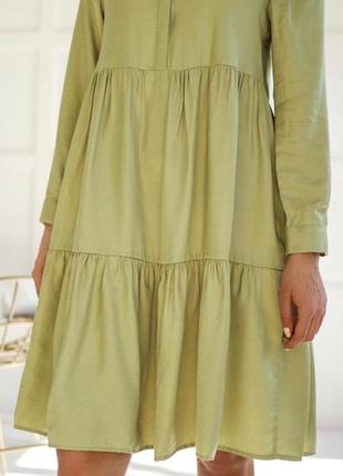 Зелёное платье zara базовое платье-рубашка натуральное платье с рукавами3 фото