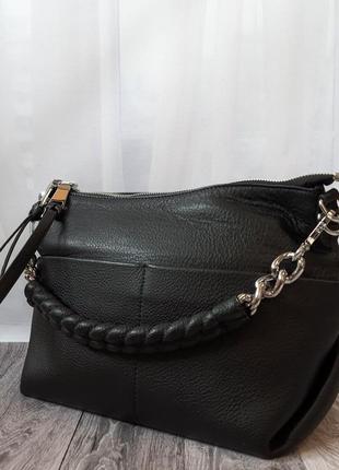 Сумка жіноча натуральна шкіряна чорна з довгим ремінцем коротка ручка поліна polina eiterou ланцюжок через плече велика