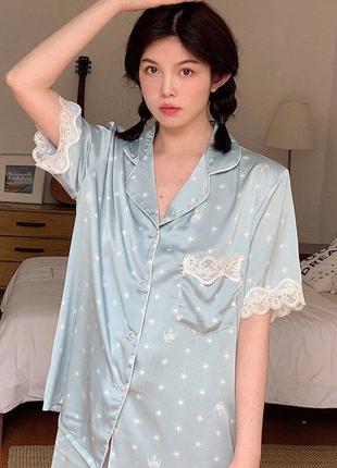Пижама женская шелковая с кружевом. пижама женская сатиновая с коротким рукавом и шортами, размер l1 фото