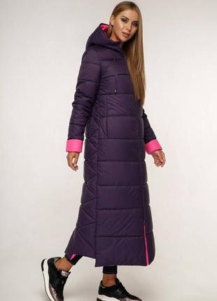 Зимнее теплое ультрадлинное пальто 1202 фиолет, р 44-58