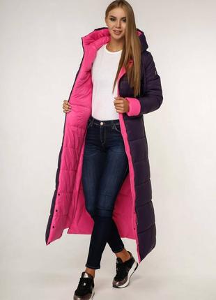 Зимнее теплое ультрадлинное пальто 1202 фиолет, р 44-584 фото