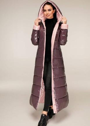 Лаковый теплый зимний ультрадлинный пуховик 1202, р 44-58