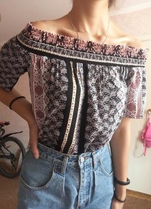 Натуральная лёгкая блузка с открытыми плечами, принт с узором, летняя блуза