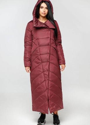 Зимнее брендовое длинное пальто макси 1133 темно-красный, р 44-584 фото