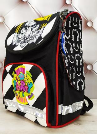 Рюкзак школьный каркасный для девочки с фонариками bagland, черный с котом 12 л.3 фото