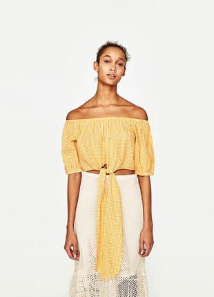Топ в клетку с открытыми плечами с бантом узлом блуза zara