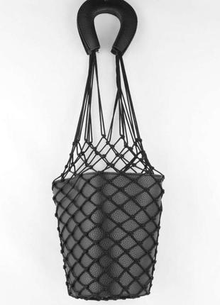 Черная сумка-ведро/сумка с сеткой/черная сумка с длинными ручками сетка.авоська1 фото