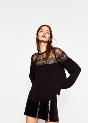 Zara чёрный топ блуза с сеточкой и кружевом длинный рукав со сборкой