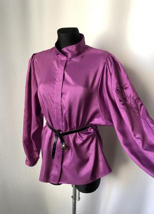 Винтаж фуксия сиреневая блузка пышный рукав вышивка