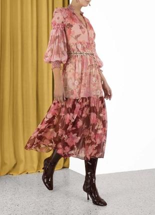 Женское розовое шелковое платье с рукавами-фонариками и высокой талией в стиле zimmermann3 фото